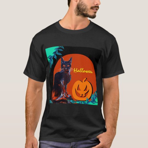 BLACK CAT WITH PUMPKIN IN HALLOWEEN NIGHT  T_Shirt
