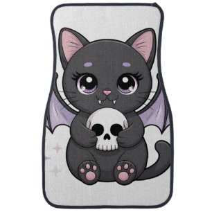 Black Cat with Purple Bat Wings Hugging a Skull Car Floor Mat