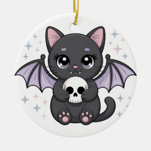 Black Cat with Purple Bat Wings Hugging a Skull Ceramic Ornament