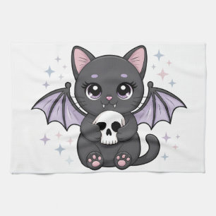 Black Cat with Purple Bat Wings Hugging a Skull Kitchen Towel
