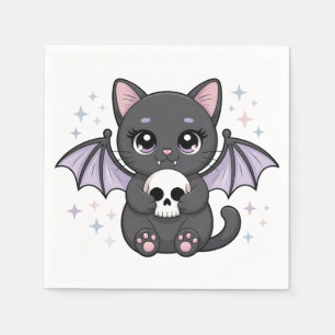 Black Cat with Purple Bat Wings Hugging a Skull Napkins
