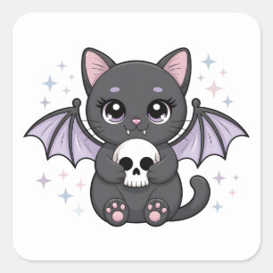 Black Cat with Purple Bat Wings Hugging a Skull Square Sticker