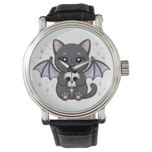 Black Cat with Purple Bat Wings Hugging a Skull Watch