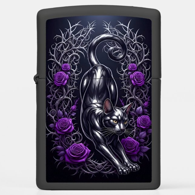 Black Cat with Purple Roses Thorn Zippo Lighter (Front)