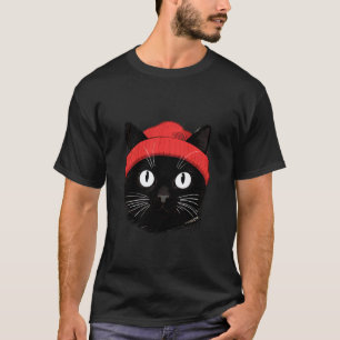Black Cat with Red Beanie Vintage Design T-Shirt