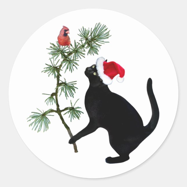 Black Cat with Red Bird in Christmas Tree Stickers (Front)