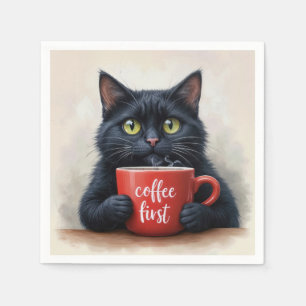 Black Cat With Red Coffee Mug Napkins