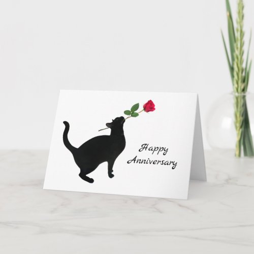 Black Cat with Red Rose Anniversary Card