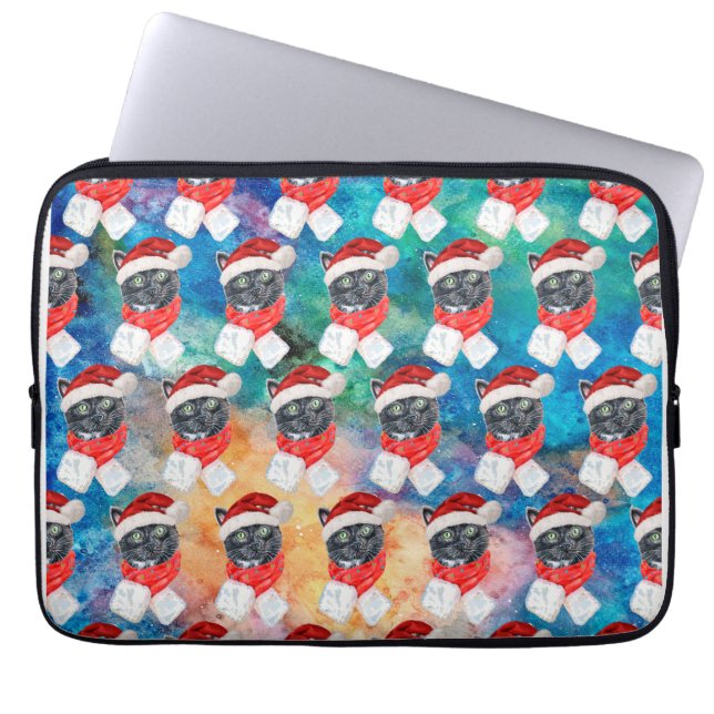Black Cat with Red Scarf Funny Christmas Laptop Sleeve (Front)