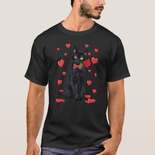 Black Cat With Rose Valentine Day Valentine Cat T_Shirt