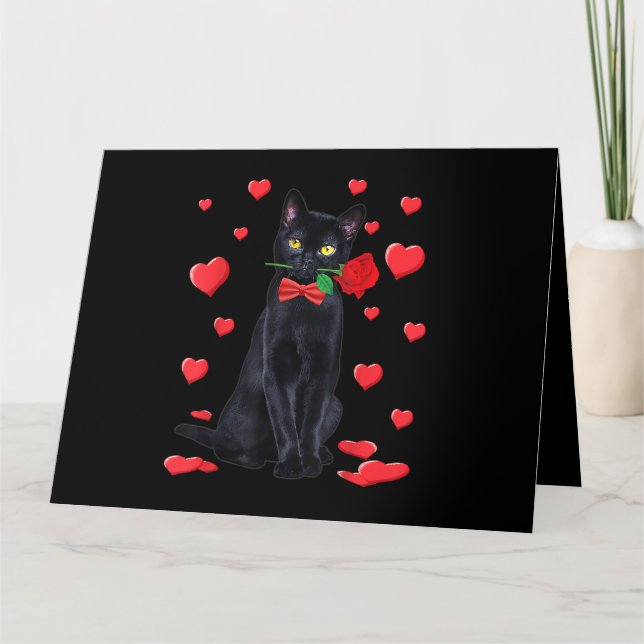 Black Cat With Rose Valentines Shirt Valentine Cat Card (Front)
