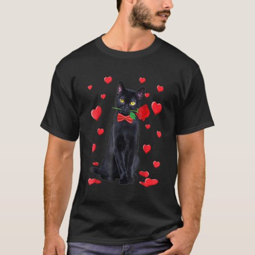Black Cat With Rose Valentines Valentine Cat Lover T_Shirt