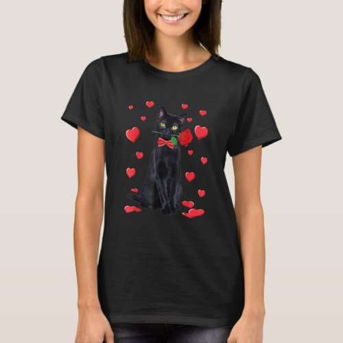Black Cat With Rose Valentines Valentine Cat T_Shirt