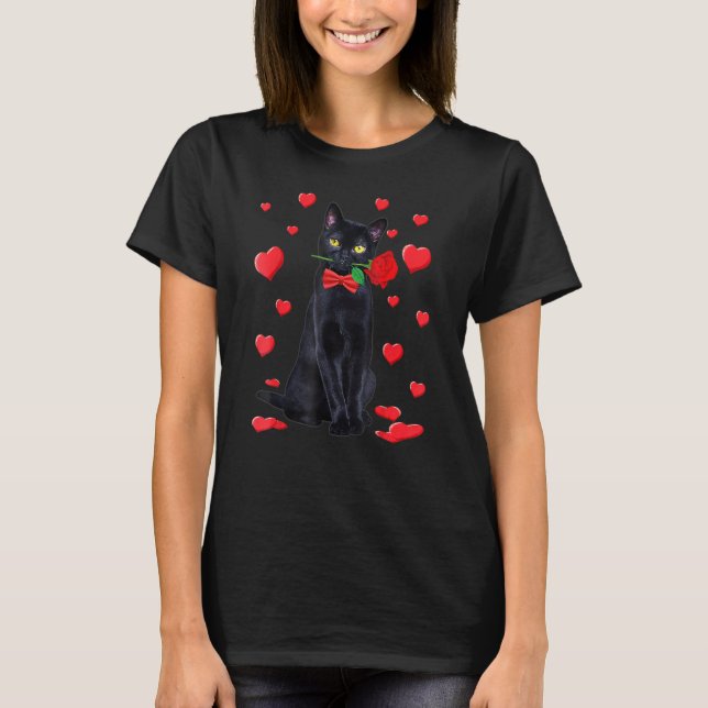 Black Cat With Rose Valentines Valentine Cat T-Shirt (Front)