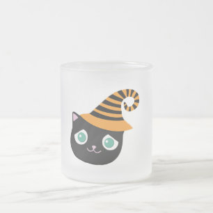 Black Cat with Sad Eyes and Whimsical Hat Frosted Glass Coffee Mug