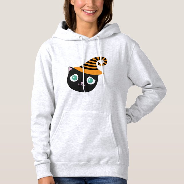 Black Cat with Sad Eyes and Whimsical Hat Hoodie (Front)