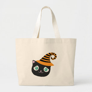 Black Cat with Sad Eyes and Whimsical Hat Large Tote Bag