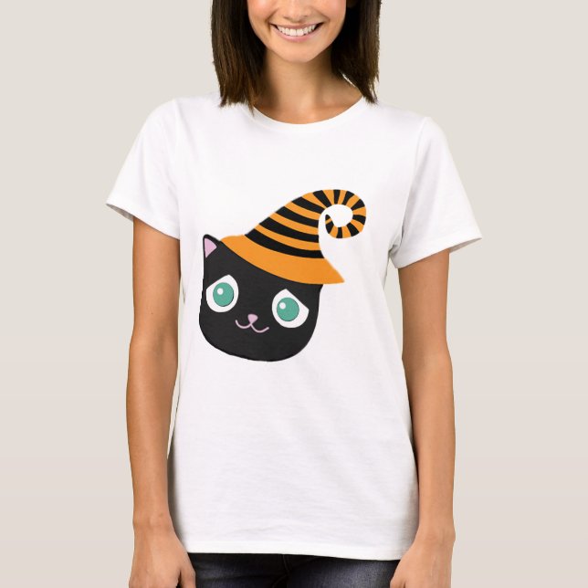 Black Cat with Sad Eyes and Whimsical Hat T-Shirt (Front)
