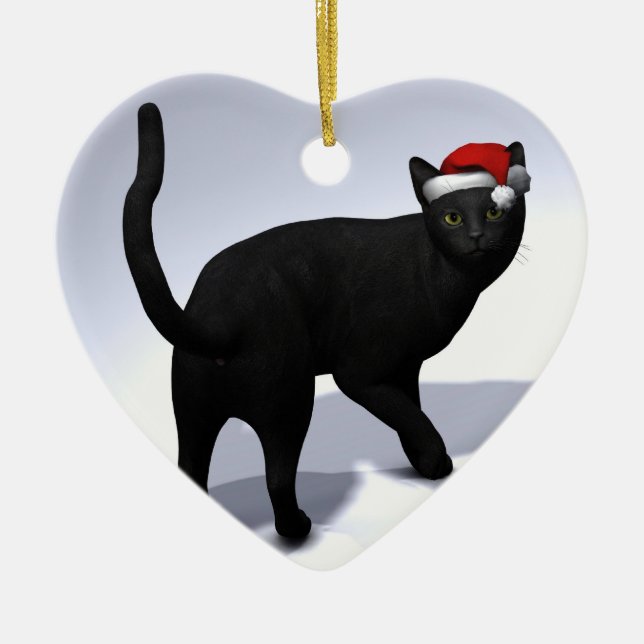 Black Cat with Santa Cap Ceramic Ornament (Front)