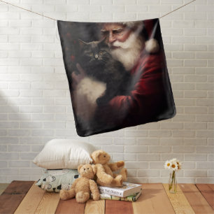 Black Cat With Santa Claus Festive Christmas  Baby Blanket