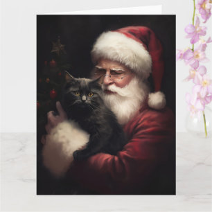 Black Cat With Santa Claus Festive Christmas Card