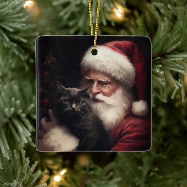 Black Cat With Santa Claus Festive Christmas  Ceramic Ornament (Tree)