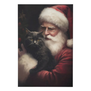 Black Cat With Santa Claus Festive Christmas Faux Canvas Print