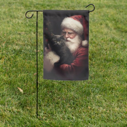 Black Cat With Santa Claus Festive Christmas  Garden Flag