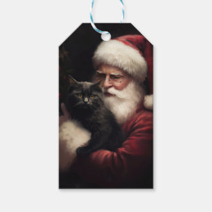Black Cat With Santa Claus Festive Christmas Gift Tags