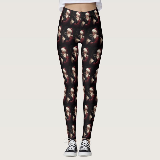 Black Cat With Santa Claus Festive Christmas  Leggings (Front)