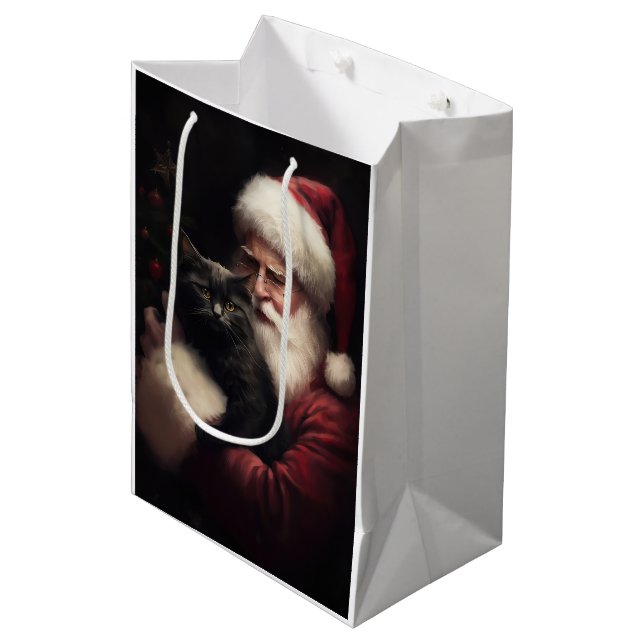 Black Cat With Santa Claus Festive Christmas  Medium Gift Bag (Front Angled)