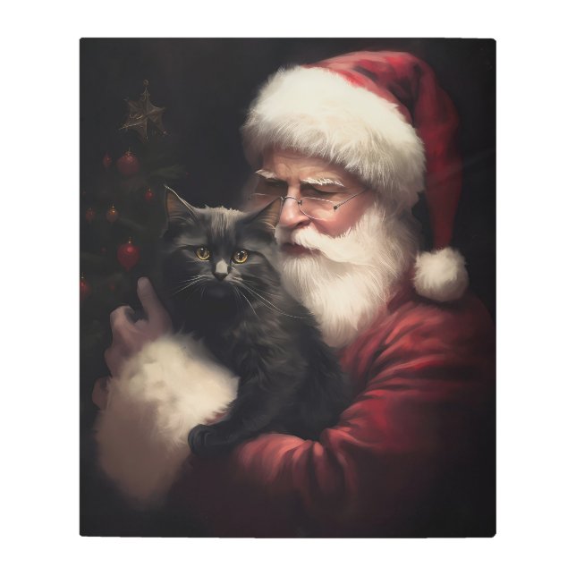 Black Cat With Santa Claus Festive Christmas  Metal Print (Front)