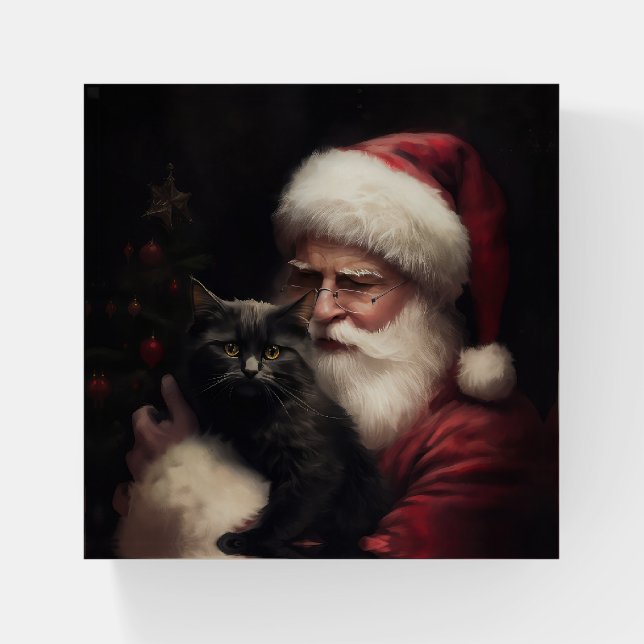 Black Cat With Santa Claus Festive Christmas  Paperweight (Front)