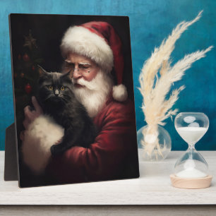 Black Cat With Santa Claus Festive Christmas Plaque