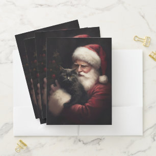 Black Cat With Santa Claus Festive Christmas  Pocket Folder