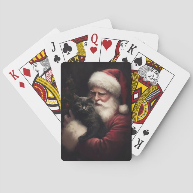 Black Cat With Santa Claus Festive Christmas  Poker Cards (Back)