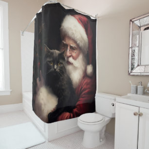 Black Cat With Santa Claus Festive Christmas Shower Curtain
