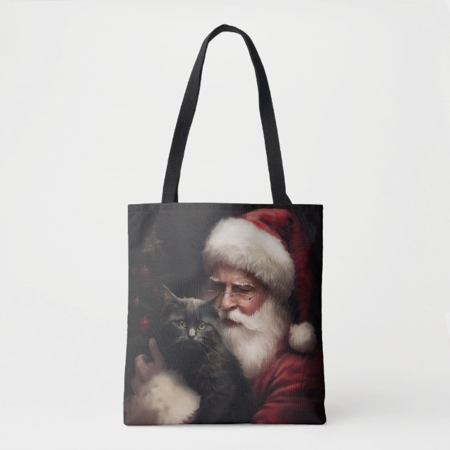 Black Cat With Santa Claus Festive Christmas  Tote Bag (Front)