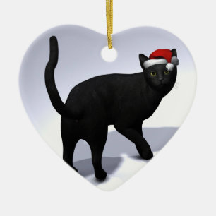 Black Cat With Santa Claus Hat Ceramic Ornament