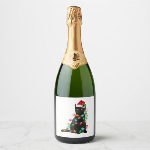 Black Cat With Santa Hat Christmas Lights Sparkling Wine Label
