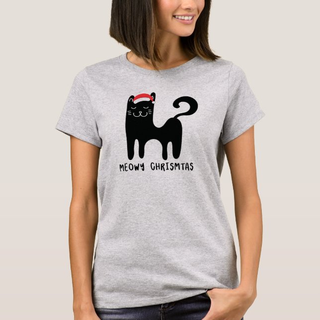 Black Cat With Santa Hat Meowy Christmas T Shirt (Front)