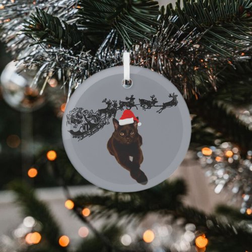 Black Cat with Santa Hat  Sleigh and Reindeer  Glass Ornament
