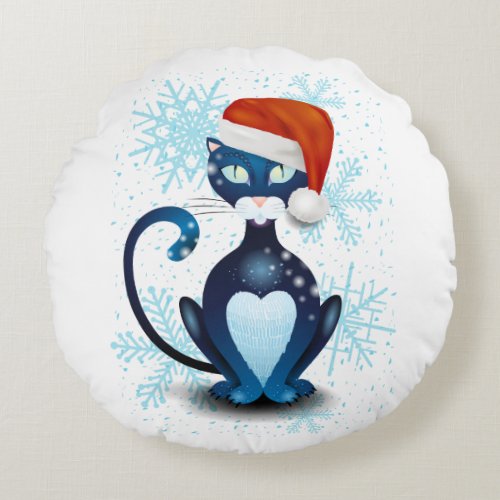 Black Cat with Santas Hat Round Pillow