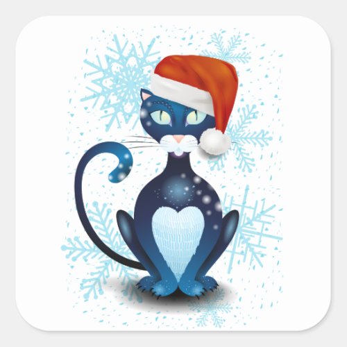 Black Cat with Santas Hat Square Sticker