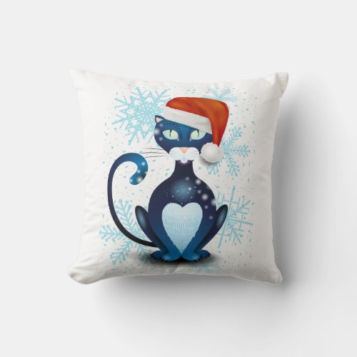 Black Cat with Santas Hat Throw Pillow