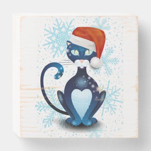 Black Cat with Santas Hat Wooden Box Sign