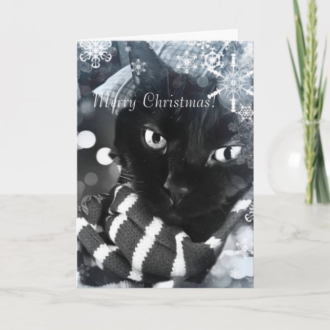 Black Cat with Snowflakes Christmas Card (Front)