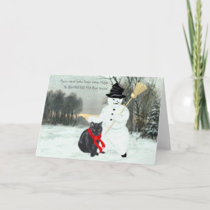 Black Cat with Snowman at Christmas Holiday Card