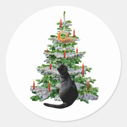 Black Cat with Squirrel in Christmas Tree Stickers