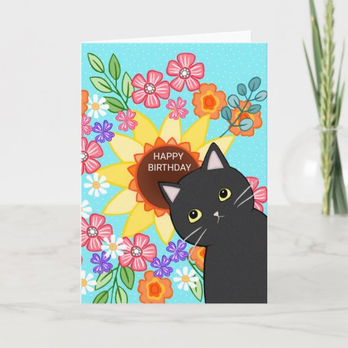 Black cat with Sunflower Colorful Floral birthday  Card